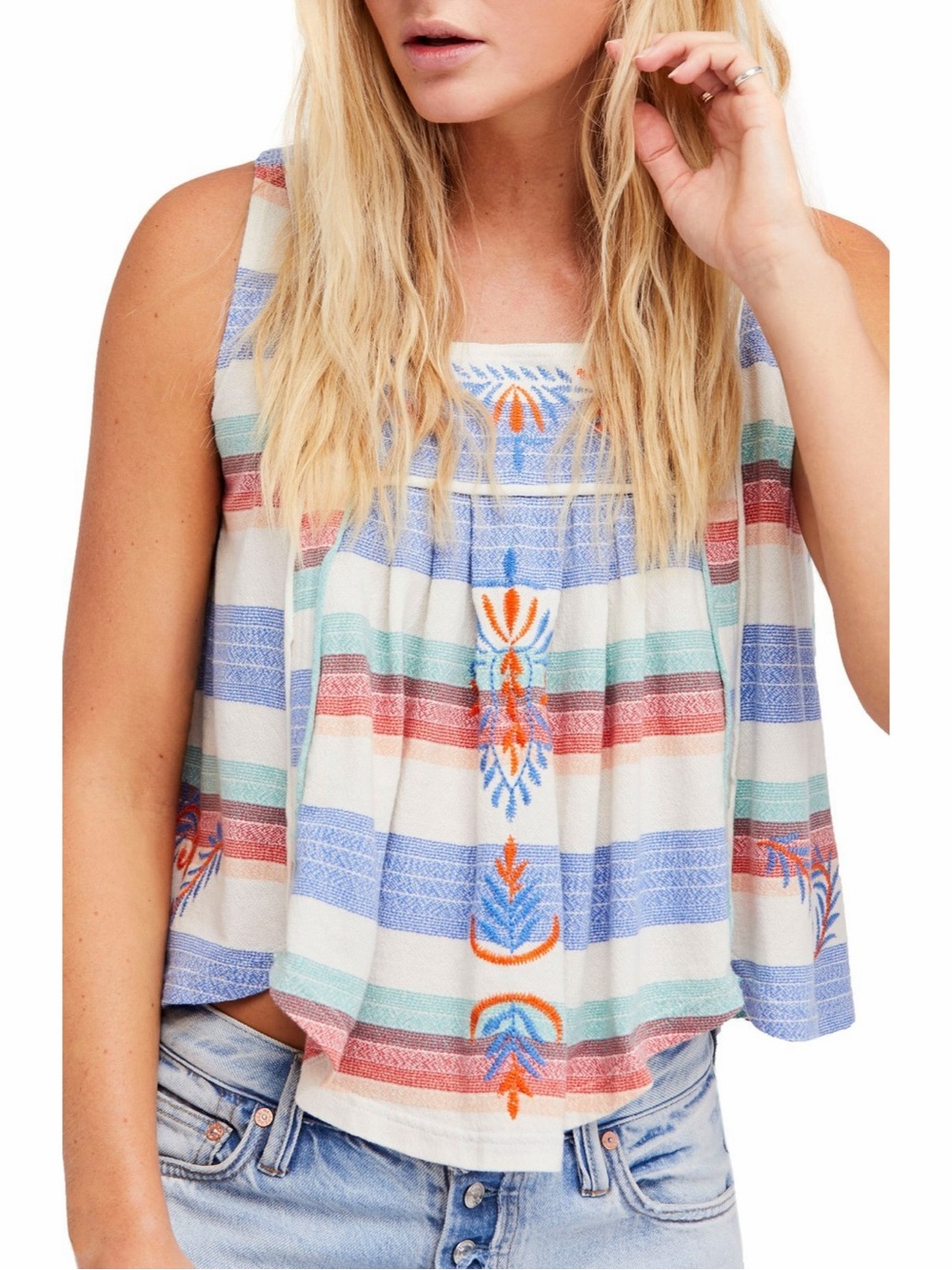 FP | Cotton Multicolor Vintage Striped Floral Embroidery Cropped Swing Tank Top